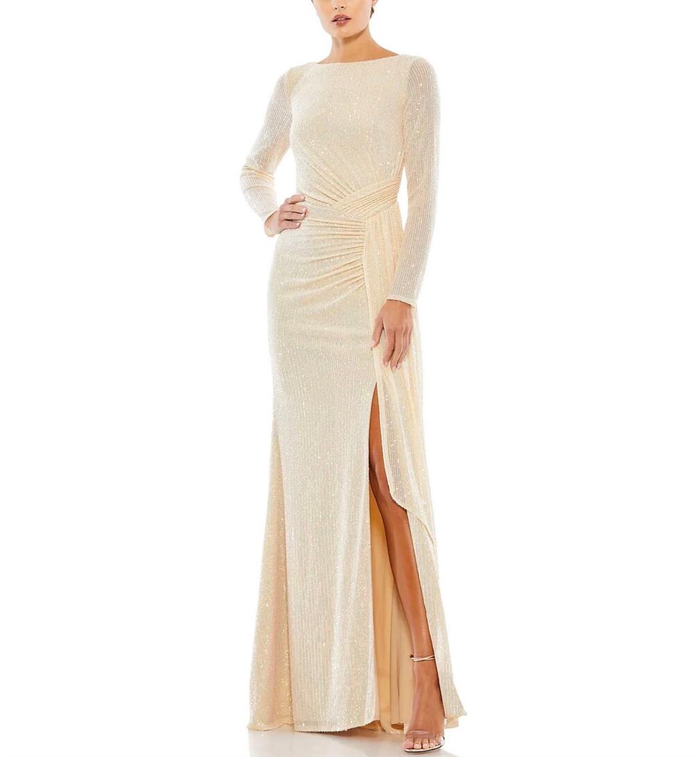 Mac Duggal 26175 Pearl Gold Evening Gown Sequin Long Sleeve Column Dress Size 10